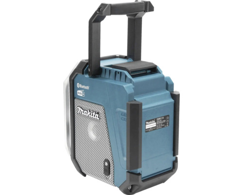 Radio de chantier Makita DMR115 avec Bluetooth et DAB plus, boîtier robuste avec poignée de transport et grille métallique.