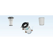 Filterset für Nass-Trockensauger mit Lamellenfilter und Stoffvorfilter, zeigt die Filtration von Schmutz und Wasser.