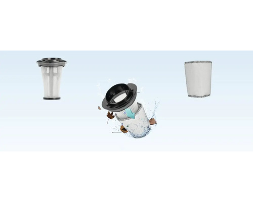Filterset für Nass-Trockensauger mit Lamellenfilter und Stoffvorfilter, zeigt die Filtration von Schmutz und Wasser.
