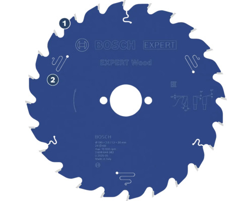 Lame de scie circulaire Bosch Expert for Wood, diamètre 190 millimètres, 24 dents en carbure, pour le bois. Bosch Logo.