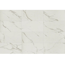 Carreaux aspect marbre avec veines grises, rectangulaires, pour mur et sol.