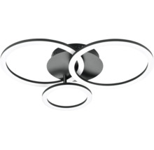 Plafonnier LED moderne avec trois anneaux entrelacés et support noir.