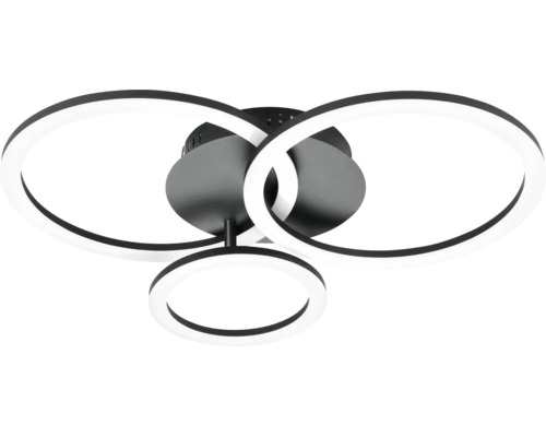 Plafonnier LED moderne avec trois anneaux entrelacés et support noir.