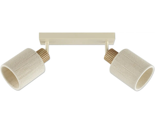 Deckenstrahler mit zwei verstellbaren Schirmen aus Textil und Holz