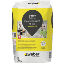 Sac de 20 kilogrammes de béton gris Weberton 916 avec une granulométrie de 16 millimètres pour fondations et piliers.