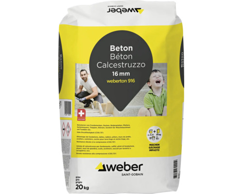Sac de 20 kilogrammes de béton gris Weberton 916 avec une granulométrie de 16 millimètres pour fondations et piliers.