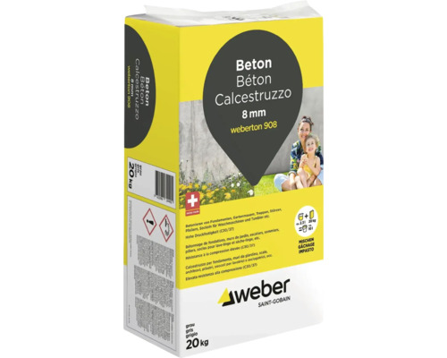 Sac de 20 kilogrammes de béton Weberton 908 avec granulométrie de 8 millimètres, adapté aux fondations, murs de jardin et escaliers.