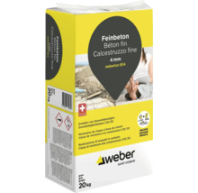 Béton fin weberton 904 gris, sac de 20 kilogrammes, grain 4 millimètres, classe C25/30, fabriqué en Suisse, Weber Saint-Gobain Logo.