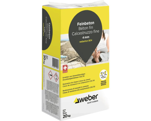 Béton fin weberton 904 gris, sac de 20 kilogrammes, grain 4 millimètres, classe C25/30, fabriqué en Suisse, Weber Saint-Gobain Logo.