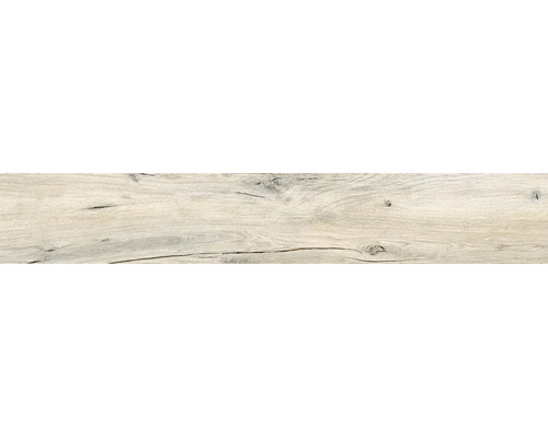 Carrelage de sol aspect bois clair avec veinures marquées, nœuds et fines fissures.