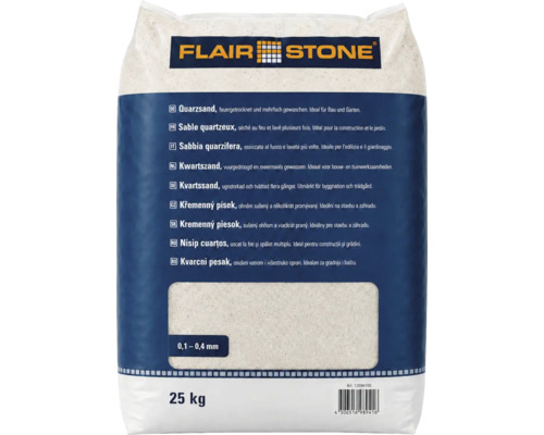 Flair Stone Quarzsand feuergetrocknet und mehrfach gewaschen, Körnung 0,1 bis 0,4 Millimeter, 25 Kilogramm Sack.