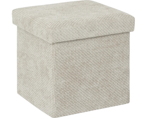 Pouf de rangement carré avec couvercle rembourré en textile tissé.