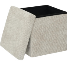 Pouf de rangement carré avec surface en tissu tissé et couvercle amovible.