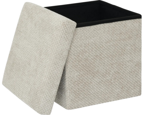 Pouf de rangement carré avec surface en tissu tissé et couvercle amovible.