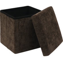 Pouf de rangement cube en tissu texturé marron avec couvercle amovible.