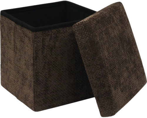 Pouf de rangement cube en tissu texturé marron avec couvercle amovible.