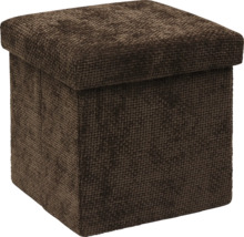 Pouf de rangement carré avec couvercle rembourré et surface en tissu texturé.
