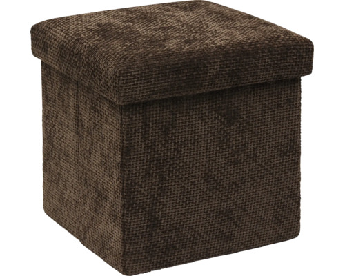 Pouf de rangement carré avec couvercle rembourré et surface en tissu texturé.