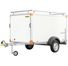 Remorque fourgon Humbaur blanche avec galerie, roue jockey, essieu simple et Humbaur Logo.