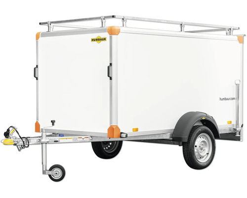 Remorque fourgon Humbaur blanche avec galerie, roue jockey, essieu simple et Humbaur Logo.