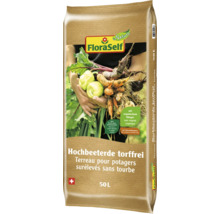 FloraSelf Nature Hochbeeterde torffrei, 50 Liter, mit organischem Dünger und Grünschnittkompost, ideal für die obere Hochbeetschicht.