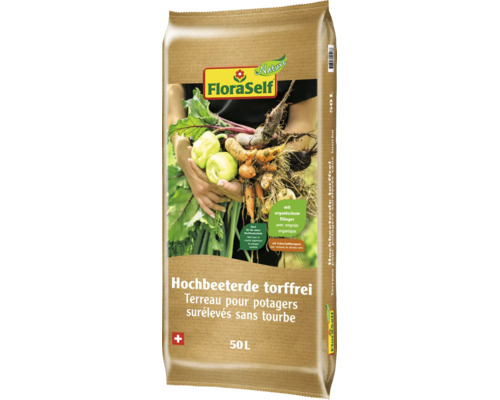 FloraSelf Nature Hochbeeterde torffrei, 50 Liter, mit organischem Dünger und Grünschnittkompost, ideal für die obere Hochbeetschicht.