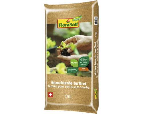 Terreau pour semis sans tourbe FloraSelf Nature, sac de 15 litres avec engrais naturel et compost d'écorces, structure fine, produit de Suisse. Terreau pour semis sans tourbe FloraSelf Nature, sac de 15 litres avec engrais naturel et compost d'écorces, structure fine, produit de Suisse.