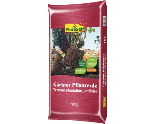FloraSelf Select Gärtner Pflanzerde, 15 Liter. Enthält organische Substanzen, Mikronährstoffe und Kompost zur Förderung der Wurzelbildung.