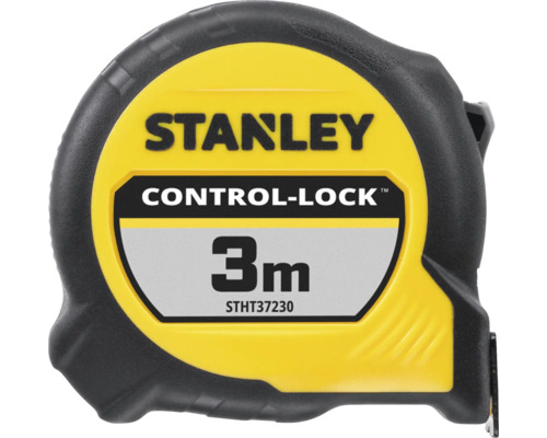 Mètre ruban Stanley Control-Lock, longueur 3 mètres, boîtier caoutchouté.