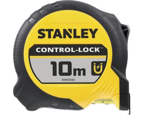 Mètre ruban Stanley Control-Lock, longueur 10 mètres, boîtier caoutchouté jaune et noir, crochet magnétique, Stanley Logo.