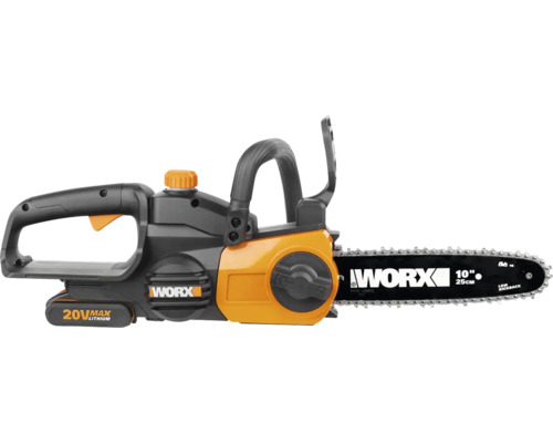 Tronçonneuse sans fil WORX 20 Volt avec une longueur de guide de 25 centimètres.