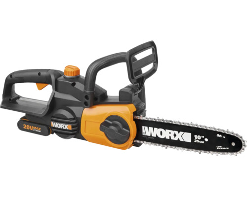 Tronçonneuse sans fil Worx 20 Volt avec une longueur de guide de 25 centimètres.