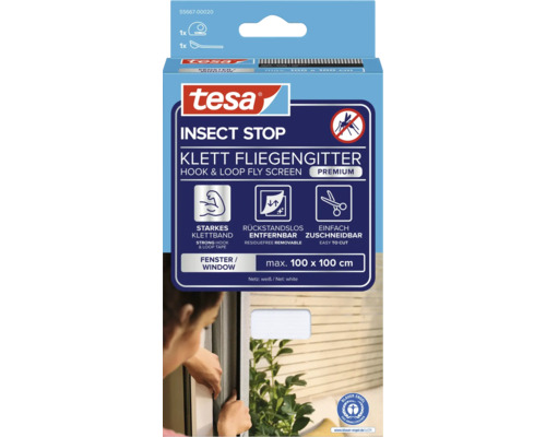 tesa Logo. tesa Insect Stop Klett Fliegengitter Premium für Fenster, weiß, 100 mal 100 Zentimeter, rückstandslos entfernbar, Blauer Engel.