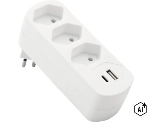 Adaptateur multiprise avec trois prises et un port de charge USB (Image AI modified or generated)