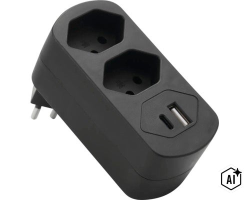 Multiprise avec deux prises électriques et ports USB pour montage sur prise (Image AI modified or generated)