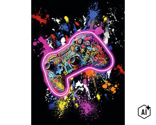 Fototapete mit einem bunt gestalteten Gaming-Controller im Graffiti-Stil, umgeben von einem leuchtenden Neon-Rahmen und Farbspritzern. (Image AI modified or generated)