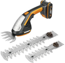 Worx Akku-Gras- und Strauchschere Set mit 20 Volt Akku und zwei zusätzlichen Strauchmesser-Aufsätzen.