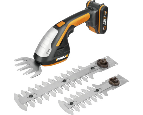 Worx Akku-Gras- und Strauchschere Set mit 20 Volt Akku und zwei zusätzlichen Strauchmesser-Aufsätzen.