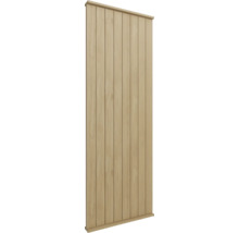 Wandpaneel mit vertikalen Holzlamellen in hellem Holzdekor, inklusive oberer und unterer Abschlussleiste.