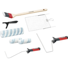 Set mit Rautner Malerwerkzeugen inklusive Heizkörperpinsel, Farbrollern, Bügeln und Abstreifgitter für Malerarbeiten.