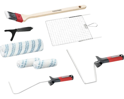 Set mit Rautner Malerwerkzeugen inklusive Heizkörperpinsel, Farbrollern, Bügeln und Abstreifgitter für Malerarbeiten.