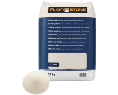 Flair Stone Logo, 25 Kilogramm Sack Quarzsand, Körnung 0,1 bis 0,4 Millimeter, feuergetrocknet und mehrfach gewaschen.