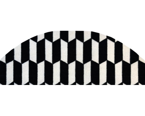 Halbrunder Teppich mit geometrischem Zickzack-Muster in Schwarz und Weiß.