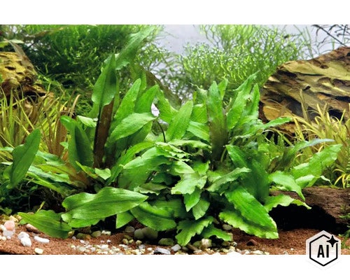 Cryptocoryne wendtii plante aquatique verte dans un aquarium planté avec du gravier et des pierres. (Image AI modified or generated)