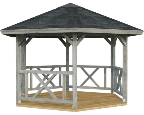 Pavillon Palmako Betty 9,9 m² hexagonal avec garde-corps sans plancher 384 x 339 cm gris