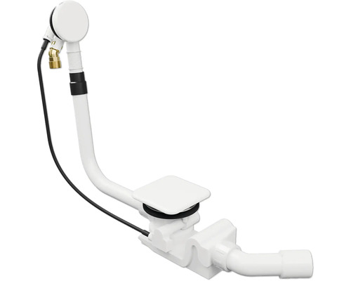 Garniture de vidage et de trop-plein pour baignoires en plastique avec couvercle blanc carré et siphon intégré.