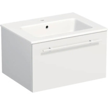 Meuble sous-lavabo blanc avec vasque, un tiroir avec poignée barre, lavabo en céramique avec trou de robinetterie et trop-plein.