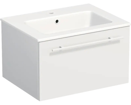 Meuble sous-lavabo blanc avec vasque, un tiroir avec poignée barre, lavabo en céramique avec trou de robinetterie et trop-plein.