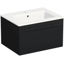 Ensemble de meubles de salle de bains composé d'un lavabo blanc en céramique et d'un sous-vasque noir avec un tiroir.