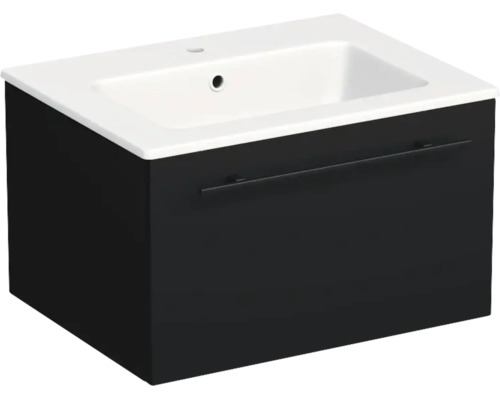Ensemble de meubles de salle de bains composé d'un lavabo blanc en céramique et d'un sous-vasque noir avec un tiroir.